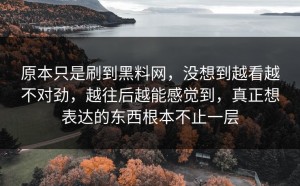 原本只是刷到黑料网，没想到越看越不对劲，越往后越能感觉到，真正想表达的东西根本不止一层